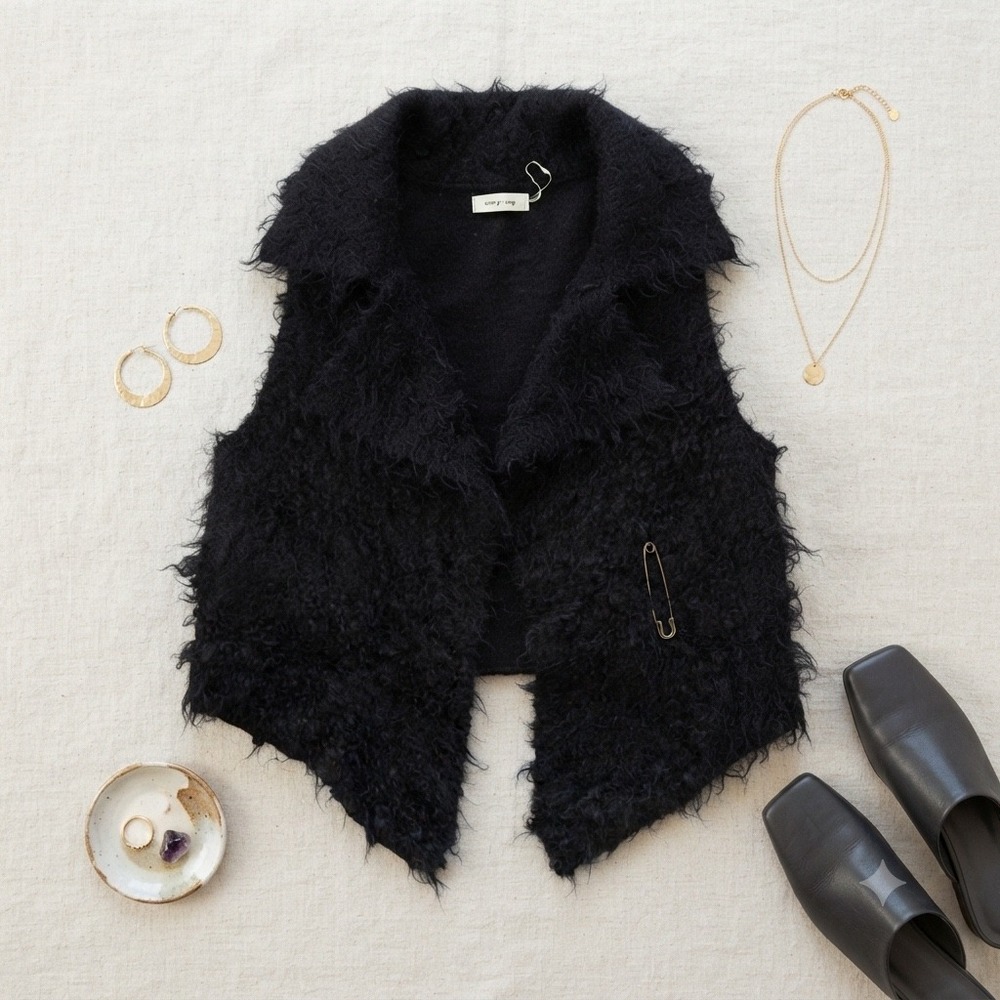 Sleeping on Snow Vest Women XS Black Mohair Wool Shaggy Open Front Boho Goth